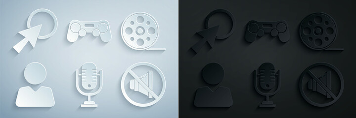 Canvas Print - Set Microphone, Film reel, Add to friend, Speaker mute, Gamepad and Arrow cursor icon. Vector