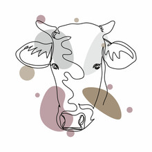 Continuous One Simple Single Abstract Line Drawing Of Funny Little Cow Head Face Portrait Animal Concept Icon In Silhouette On A White Background. Linear Stylized.