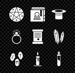 Poster - Set Pentagram in a circle, Ancient magic book, Magician hat, runes, Burning candle candlestick, Bottle with love potion, stone ring gem and Decree, paper, parchment, scroll icon. Vector