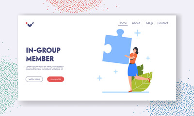 Wall Mural - In-group Member Landing Page Template. Young Woman Carry Huge Puzzle Piece in Hands. Teamwork Cooperation, Task Solution