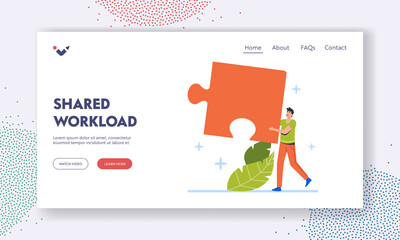 Wall Mural - Shared Workload Landing Page Template. Business Solution, Compromise and Problem Solving Concept. Man Carry Huge Puzzle