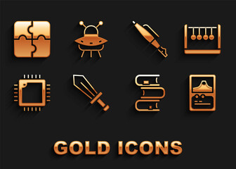 Sticker - Set Sword for game, Pendulum, Card, Book, Processor with CPU, Fountain pen nib, Piece of puzzle and UFO flying spaceship icon. Vector