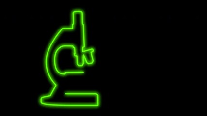 Wall Mural - Microscope self drawing line animation. Science, lab and research concept. Black background. Green glowing line.
