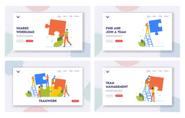 Wall Mural - Teamwork Landing Page Template Set. Businesspeople Office Employees Group Set Up Huge Colorful Separated Puzzle Pieces
