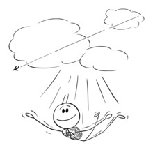 Skydiver Jumping With Parachute And Flying Through Air, Vector Cartoon Stick Figure Illustration