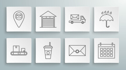 Set line Conveyor belt with cardboard box, Closed warehouse, Coffee cup, Envelope, Calendar, Post truck, Umbrella and rain drops and Placeholder map paper icon. Vector