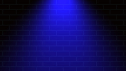 Empty brick wall with blue neon spotlight with copy space. Ligh effect blue color glow on brick wall background. Royalty high-quality free stock photo of lights blank background for design