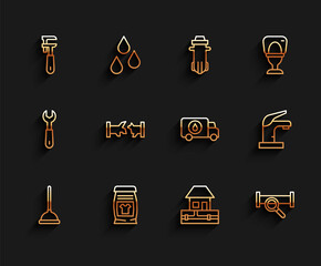 Canvas Print - Set line Rubber plunger, Laundry detergent, Pipe adjustable wrench, Water supply pipes, Industry metallic, Broken, tap and Plumber service car icon. Vector