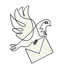 One Line Drawing Of White Dove Carrying Envelope.
One Continuous Line Drawing Of White Homing Pigeon With Letter
