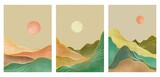 Fototapeta Zachód słońca - Mountain Print Set of 3. creative minimalist hand painted illustrations of Mid century modern Landscape Wall Art. vector illustration