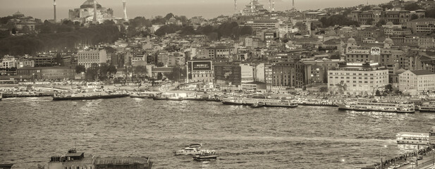 Wall Mural - Night aerial view of Istanbul cityscape and bridges over the city river, Turkey.