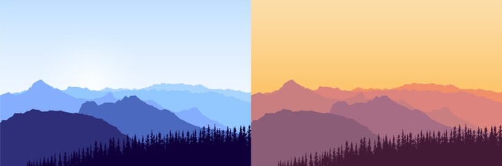 Set of vector landscapes with silhouettes of blue and purple mountains. Sunrise, sunset, misty terrain with slopes, mountains near the forest. Clear sky