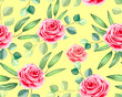 Seamless pattern with a rose, a green branch of eucalyptus. Watercolor floral background for textiles, wallpaper, packaging and bed linen.