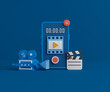 © pprothien - 3d rendering video application on smartphone. Mobile phone with movie camera and film slate on blue background.