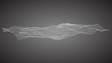 Rednered illustration of 3D terrain with wireframe mesh topology