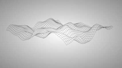 Rednered illustration of 3D terrain with wireframe mesh topology