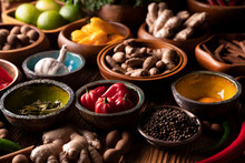Thai Food Background. Ingredients In Teak Bowls On Rustic Wooden Table.