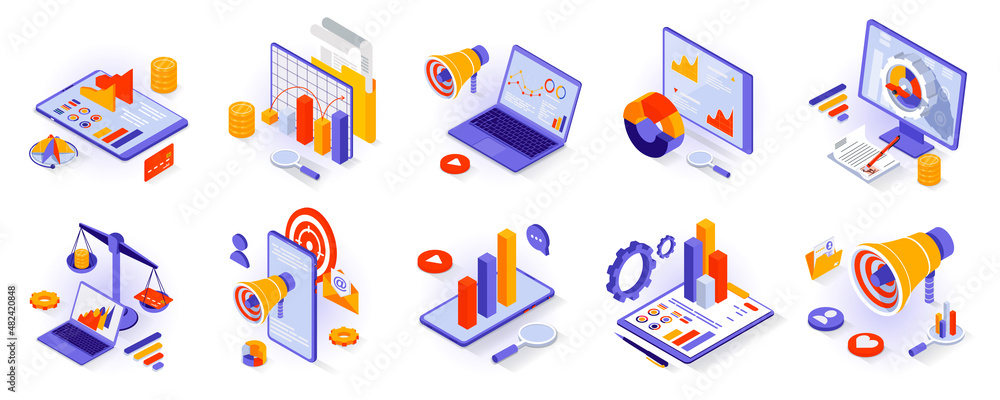 Business and marketing concept isometric 3d icons set. Market research ...