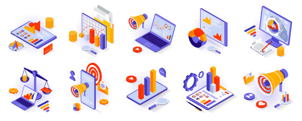 Wall Mural - Business and marketing concept isometric 3d icons set. Market research and statistics, data analytics, customer attraction, promotion and advertising isometry isolated collection. Vector illustration