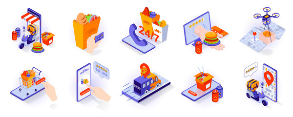 Poster - Food delivery concept isometric 3d icons set. Ordering lunch in mobile app, online payment, drone flies or courier carries package, tracking parcel, isometry isolated collection. Vector illustration