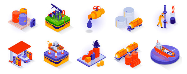 Aufkleber - Oil and Industry concept isometric 3d icons set. Extraction, transportation and distribution isometry isolated collection. Barrels, pipeline, equipment, gas station and other. Vector illustration