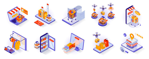 Fototapete - Online shopping concept isometric 3d icons set. Ordering goods using mobile application or computer, making purchases, payment and home delivery, isometry isolated collection. Vector illustration