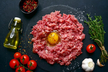 Wall Mural - Fresh organic minced meat with ingredients for making. Top view with copy space.