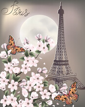 Eiffel Tower And Cherry Blossoms.Colored Vector Illustration With Cherry Blossoms And Butterflies On The Background Of The Eiffel Tower.