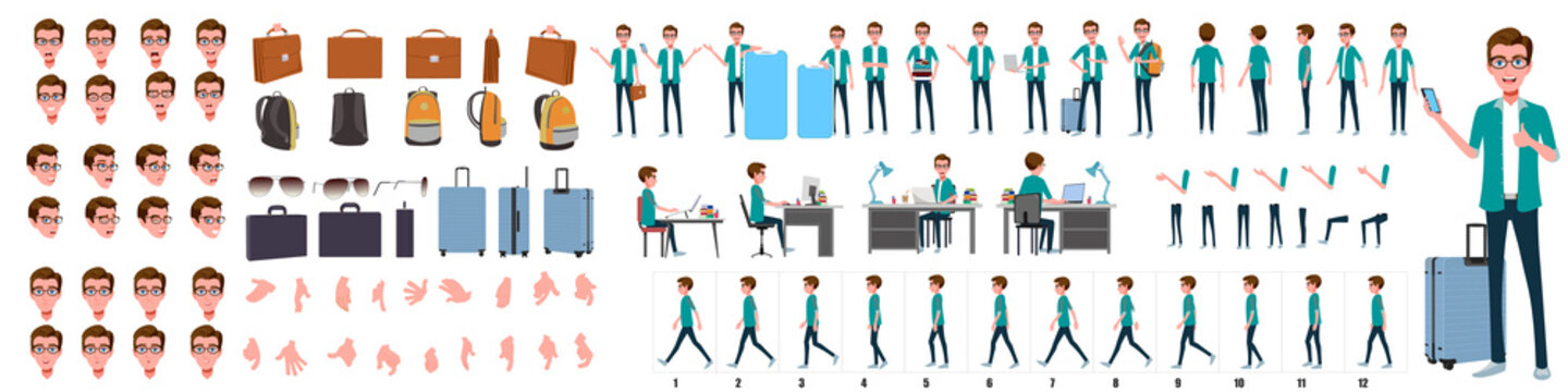 business man character design model sheet. man character design. front, side, back view and explaine