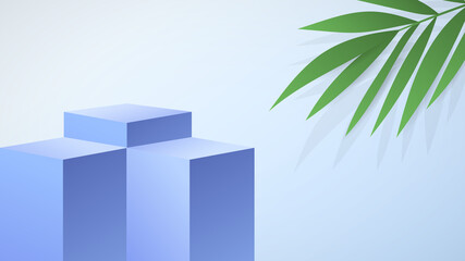 Wall Mural - Podium minimal with palm plant  on blue background , 3D stage podium display product , stand to show cosmetic products ,illustration 3d Vector EPS 10