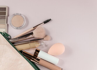 decorative cosmetics: highlighter, concealer, powder ,brush, face sculpture . make up,flat layot