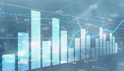 Sticker - Finance Chart Graph. Trading Forex Exchange Investment Fintech concept on Modern City background