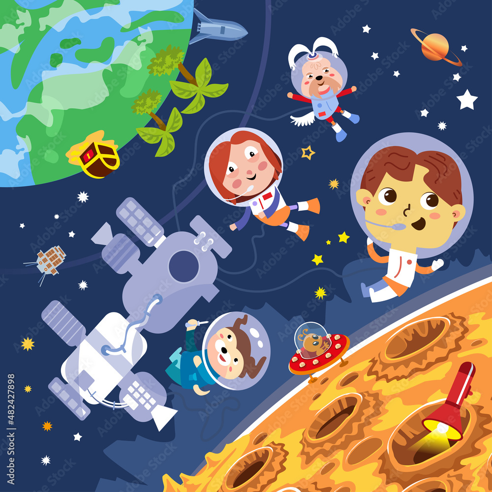 Children astronauts near space station and moon. Character in cartoon ...