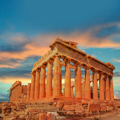 Fototapete - parthenon in athens green sunset clouds colors