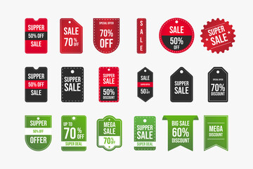 Super offer sale badge collection with green, black, and red color. Discount coupon set. Special offer sticker bundle. Super Sale badge collection. Mega sale tag vector. Big sale discount badge set.