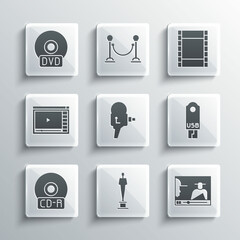 Sticker - Set Movie trophy, Online play video, USB flash drive, Retro cinema camera, CD or DVD disk, and Play Video icon. Vector