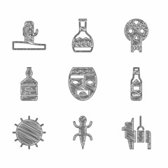 Sticker - Set Aztec mask, Lizard, Pinata, Tabasco sauce, Sun, Tequila bottle, Mexican skull and Cactus icon. Vector