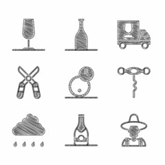 Sticker - Set Wooden barrel for wine, Champagne bottle, Farmer the hat, Wine corkscrew, Cloud with rain, Gardening scissors, truck and glass icon. Vector