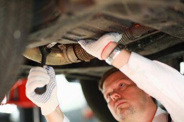 Wall Mural - Auto mechanic repairs car suspension closeup. Car workshop services