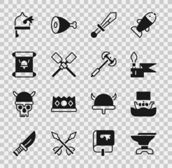 Sticker - Set Anvil for blacksmithing, Viking ship Drakkar, Medieval spear, sword, Oars paddles boat, Decree, parchment, scroll, horned helmet and poleaxe icon. Vector