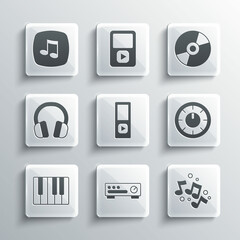 Sticker - Set Sound mixer controller, Music note, tone, player, synthesizer, Headphones, and Vinyl disk icon. Vector