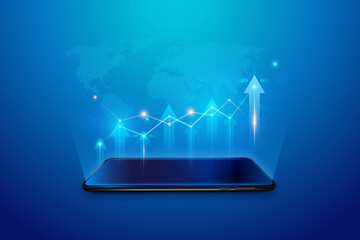 Wall Mural - development to success concept. infographic with 3d phone. marketing diagrams and charts on smartpho