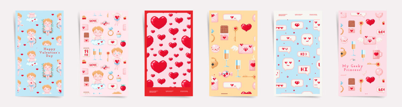 Valentine's day February 14 stories design template set. Story pixel art layouts promo greeting card design for lovers holidays. Gamer geek retro 8 bit style hearts, cupid, messages, gifts in frames.