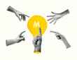 Human hands reach for a brilliant idea generated by the most talented and point to lightbulb, contemporary collage. Teamwork, business, collaboration, problem solving, brainstorm concept.