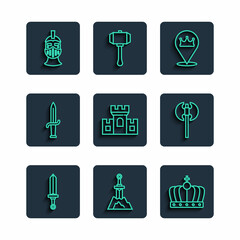 Sticker - Set line Medieval sword, Sword in the stone, King crown, Location king, Castle, fortress, Dagger, iron helmet and axe icon. Vector