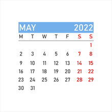 May 2022 Calendar. May 2022 Calendar Vector Illustration. Wall Desk Calendar Vector Template, Simple Minimal Design. Wall Calendar Template For May 2022.