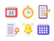 Project management and time administration, planning business documents 3d icons. Organization, working. Clock, calendar, document, bell, gear