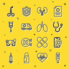 Canvas Print - Set line Digital thermometer, Emergency phone call, Stethoscope, Human kidneys, car, Crutch or crutches, Medical scissors and Lungs icon. Vector