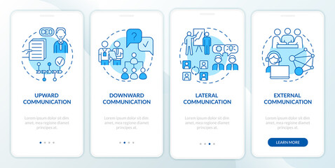 Wall Mural - professional communication types blue onboarding mobile app screen. walkthrough 4 steps graphic inst