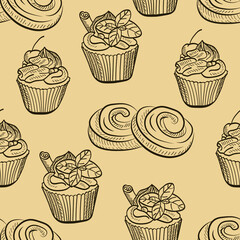 Wall Mural - Cupcakes, bakery, sweets vector seamless pattern isolated on bright background. Concept for menu, cards, print